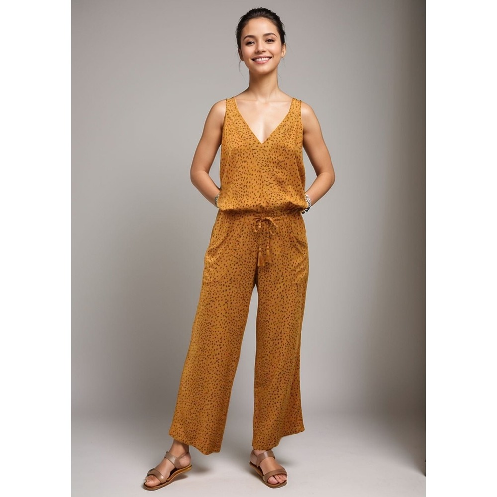 Khush Yellow Leopard Print Reeve Cinch Waist Pull on Jumpsuit Granelli Honey -M